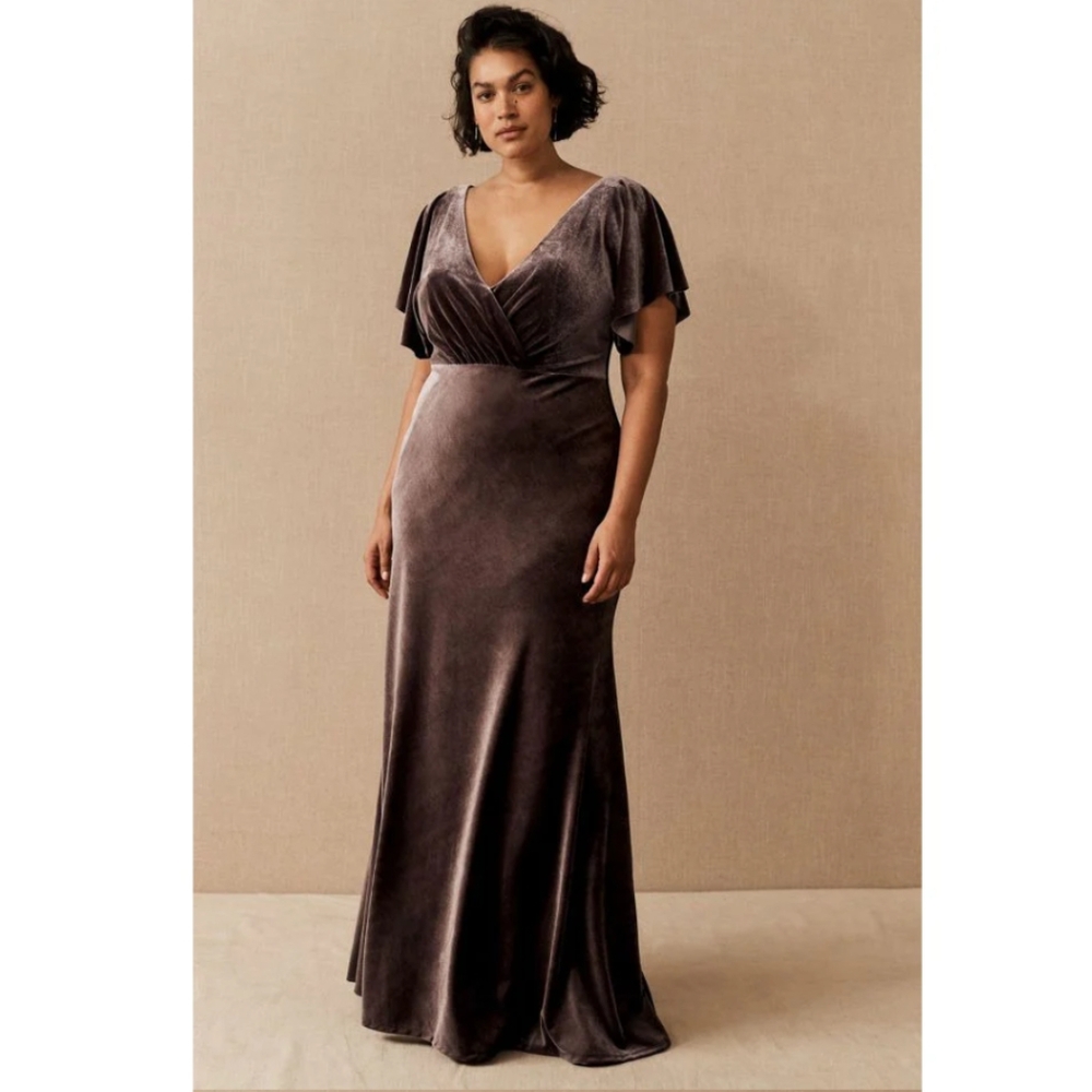 NWT BHLDN Anthropologie Jenny Yoo Ellis Blue Velvet Flutter Sleeve Gown 14